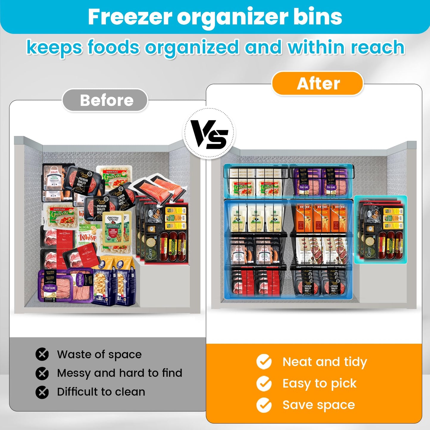 Pateekate Freezer Organizer Bins, 3 Pack Stackable Chest Freezer Organizer Bins for 5 Cu Ft Deep Freezer, Chest Freezer Sort Frozen Meats, Freezer Storage Containers Deep Freezer Organizer Baskets