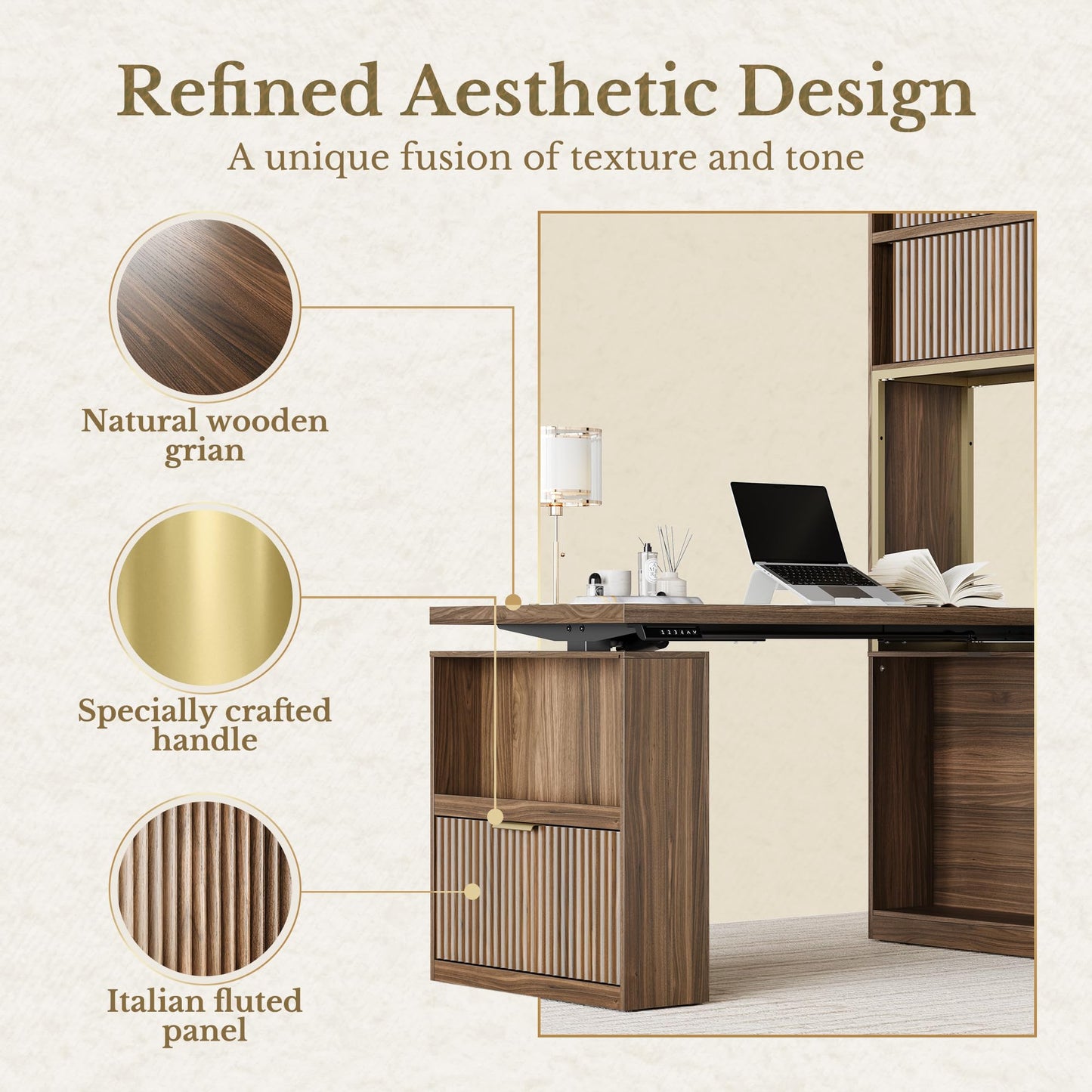 Perledesign 60'' L Shaped Standing Desk with Hutch, Fluted Executive Electric Desk with 2 Drawers and File Cabinet & Power Outlets, Corner Computer Desk with Storage for Home Office, Black Walnut