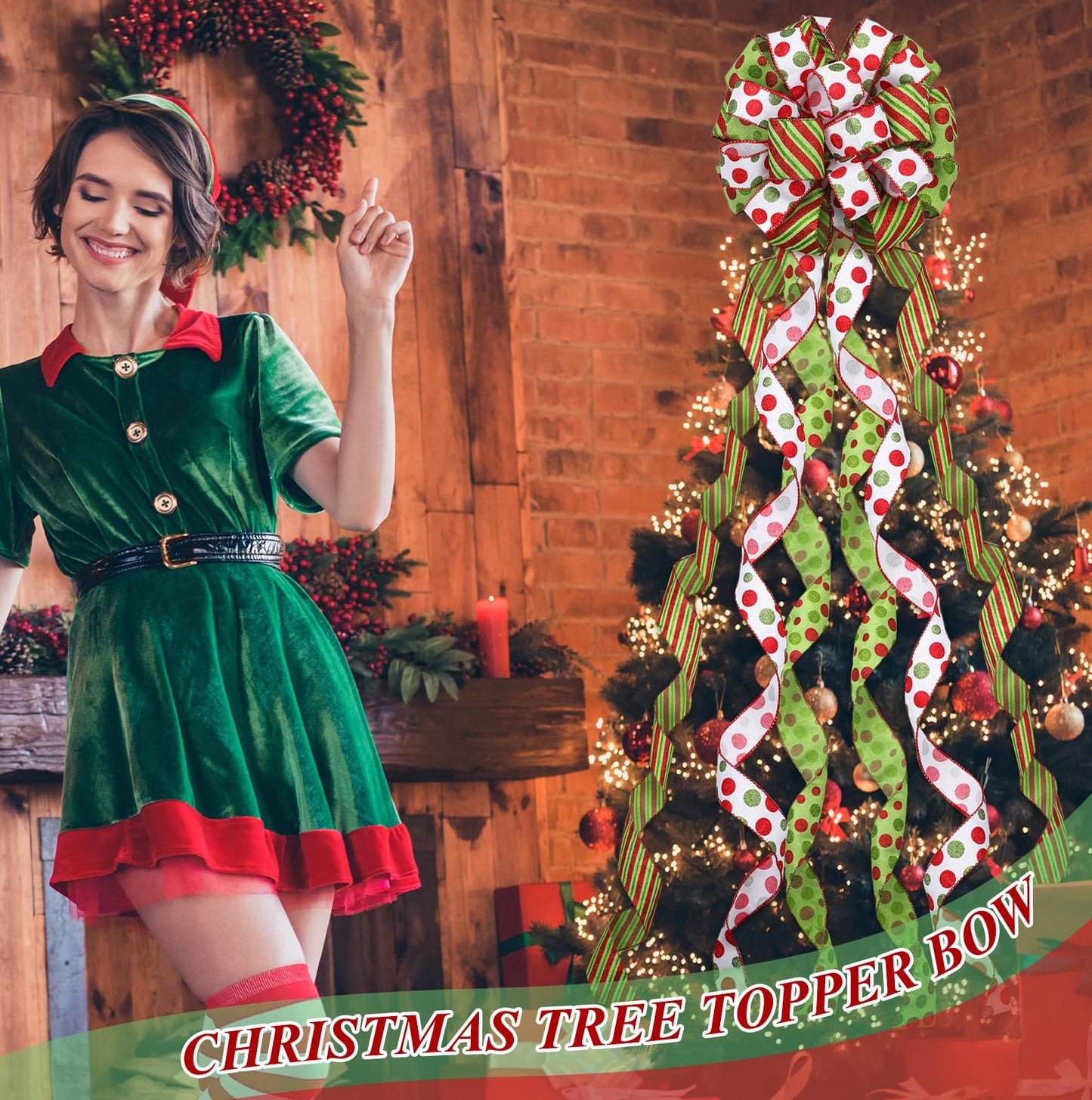 Tigeen Large Christmas Tree Bow Topper 52 x 12 Inch Red Green White Polka Dot Tree Topper Xmas Wreath Bow with Glitter Streamers for Christmas Party Indoor Outdoor Decoration Favor Supplies