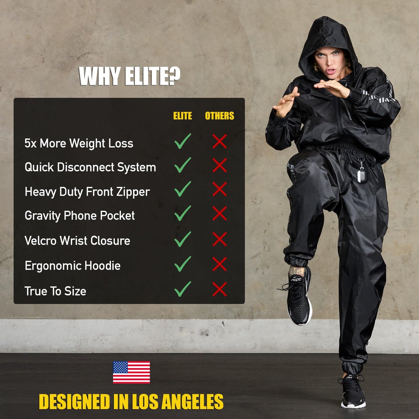 Elite Sports Zipper Sauna Suit for Men & Women – Weight Loss Full Body Hoodie Sweat Suit, Lightweight Anti-Rip PVC Fabric for Boxing, MMA, Gym Workout, Fitness Training Gear (Black, Large)