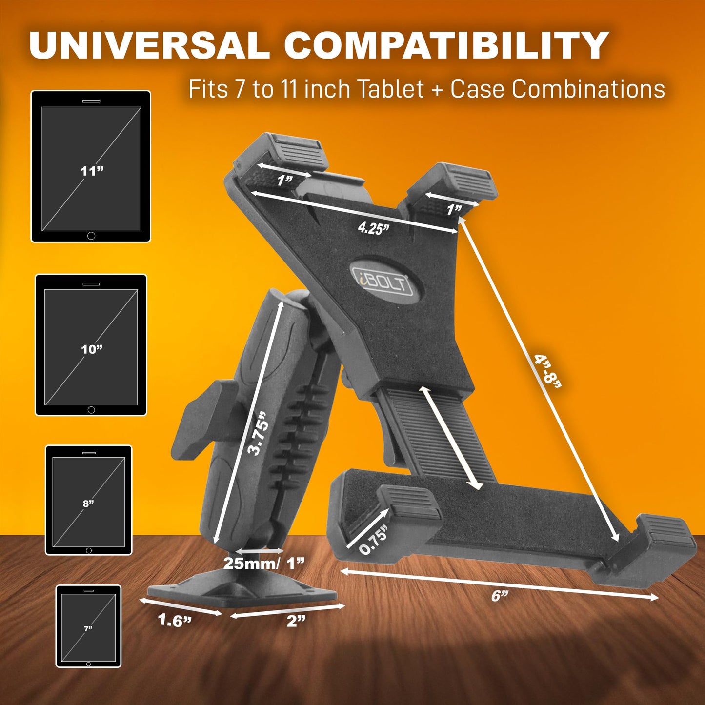 iBOLT TabDock Bizmount AMPs - Heavy Duty Drill Base Tablet Holder/Mount for All 7" - 11" Tablets- Great for Commercial Vehicles, Trucks, and Wall Mounting- Features 1 inch / 25mm Ball Joint