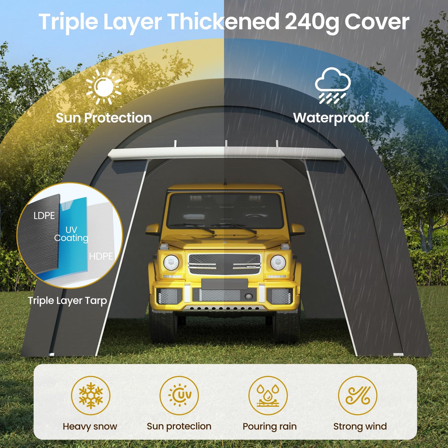 Kiss the Water Heavy Duty Domed Carport with 4 Cloth Bags and 2 Roll-up Doors, Portable Garage Storage Shelter Shed for Cars, Truck, or Garden Tools, 13' x 20'