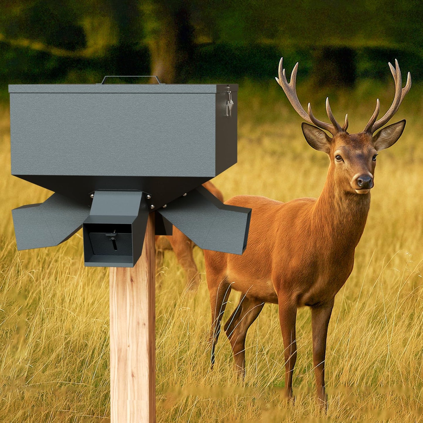 Portable 80LB Gravity Deer Feeder, Heavy Duty Metal Wildlife Feeder with 4 Feeding Ports, Weatherproof for Hunting & Backyard Game
