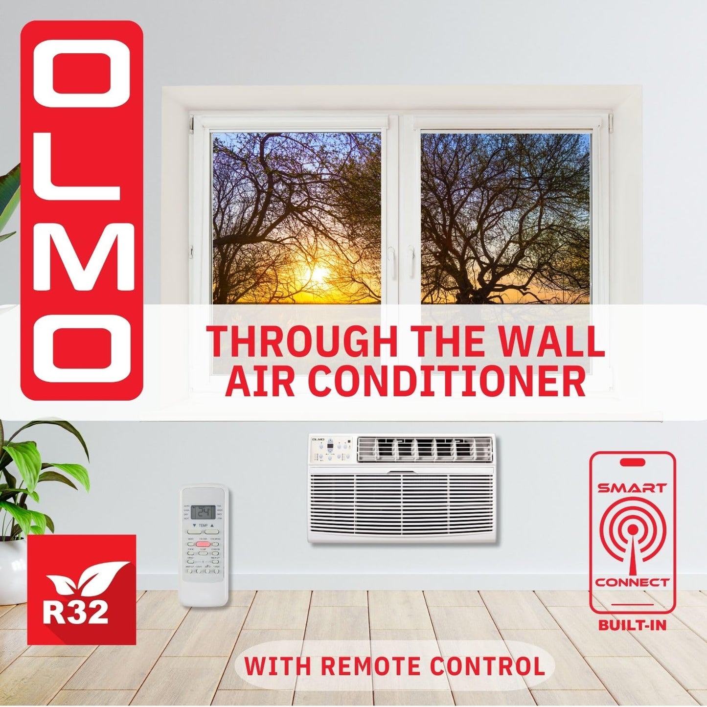 OLMO 14,000 BTU 230V Through-the-Wall Air Conditioner & Heater - Heating & Cooling - Built-In Wireless Smart Kit & Remote Included, R-32 Eco-Friendly Refrigerant