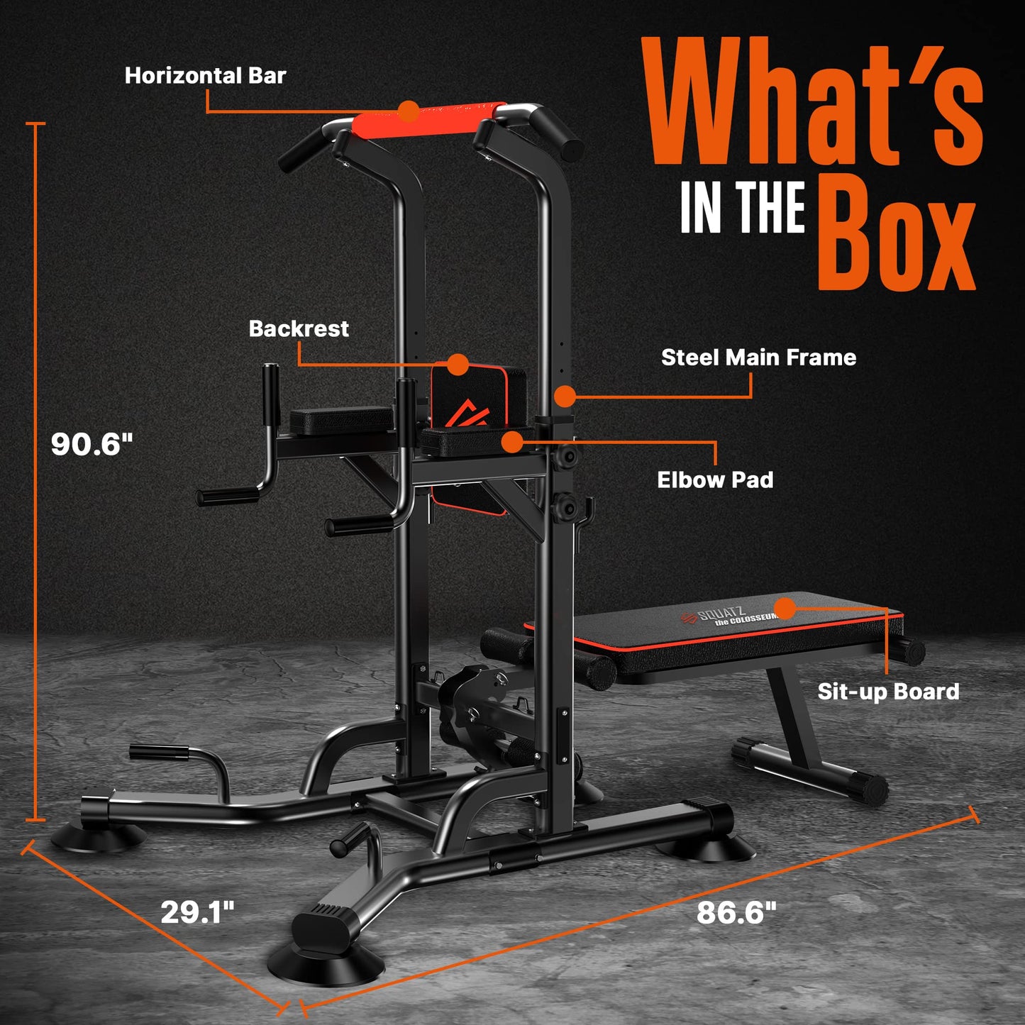 SQUATZ Pull-Up Workout Station with Bench - Multifunctional Gym Equipment with Pulling Bar, Sit-Up Board, Backrest, Elbow Pad, & Steel Main Frame, Great for Home Exercise and Weight Training, 330LBS