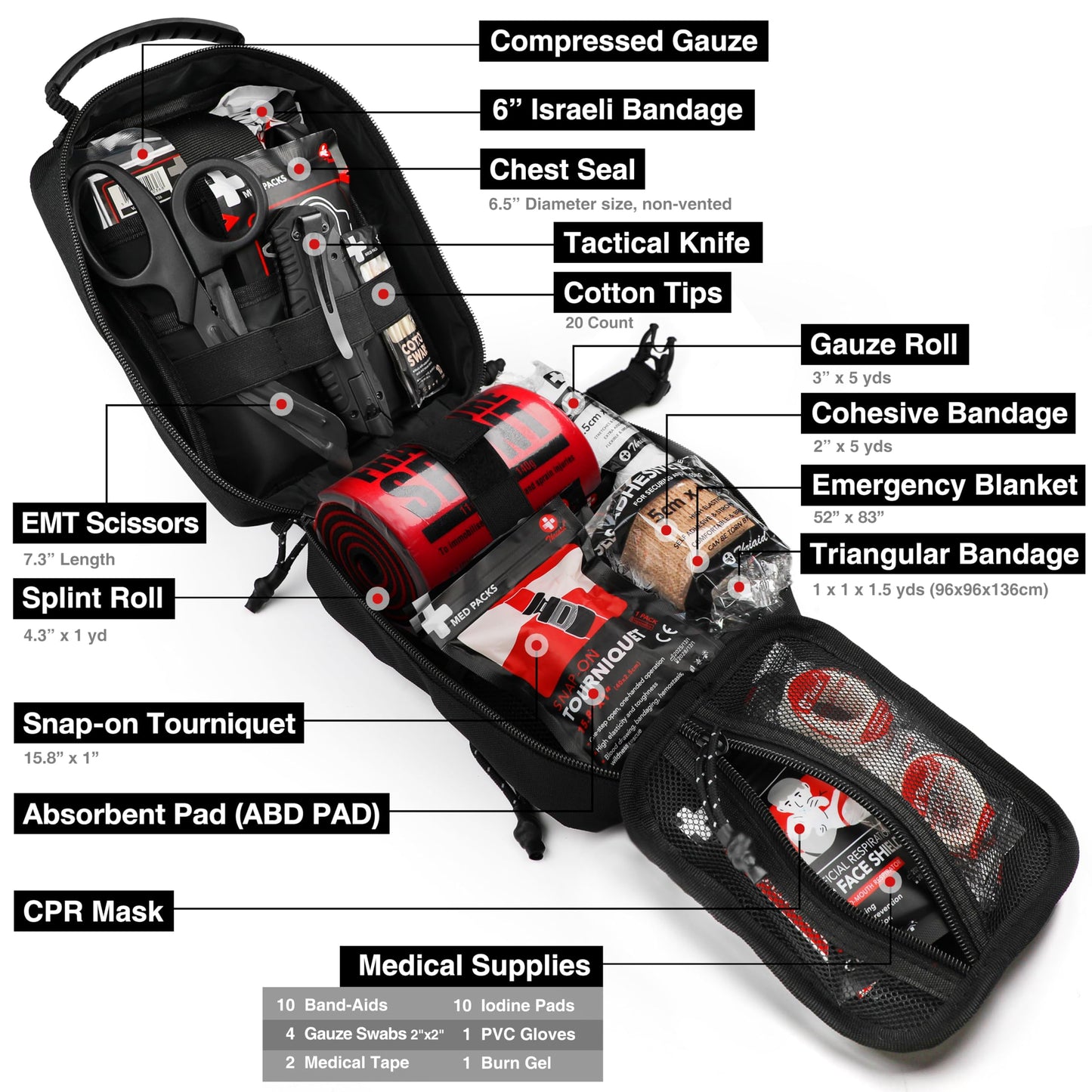 Survival First Aid Kit with Israeli Bandage, Chest Seal, Tourniquet, Splint, Tactical Military Combat Molle IFAK for Wound Care, Bleeding Control, Trauma Hemorrhage and More (Black)