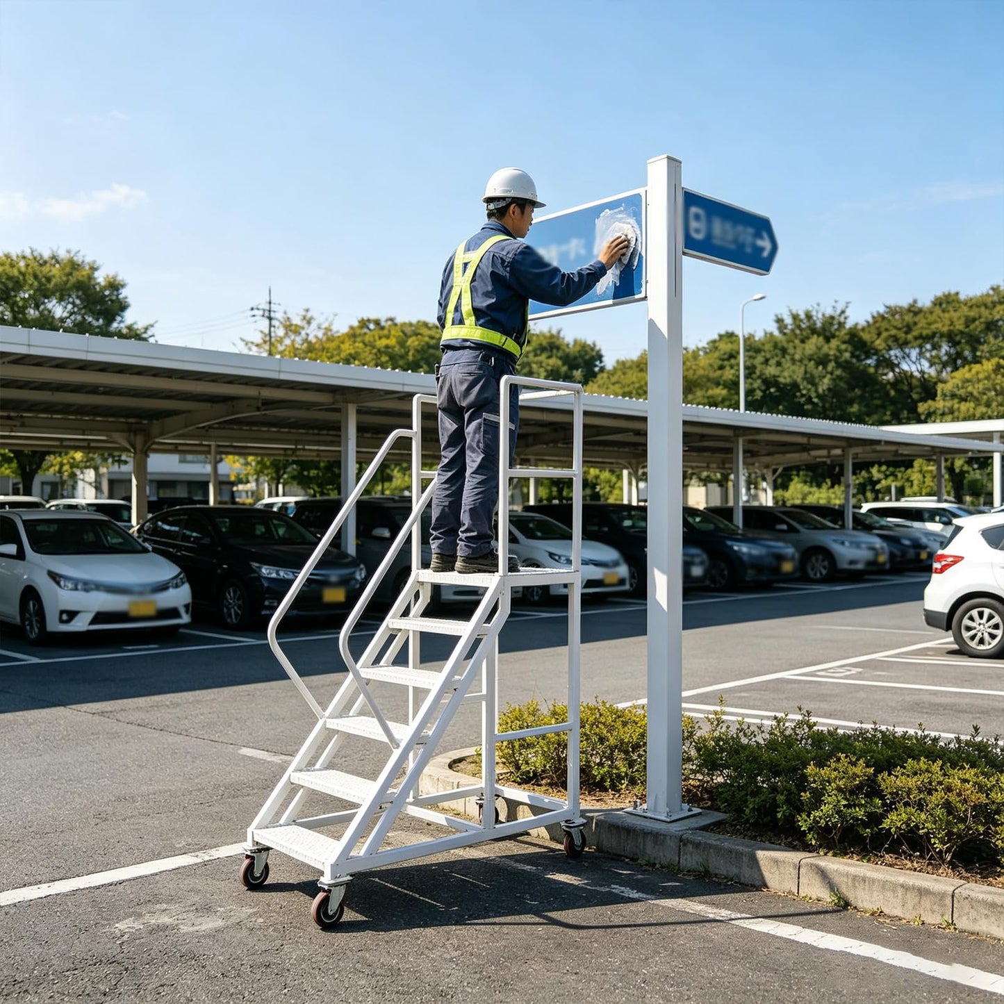6-Step Rolling Warehouse Step Ladder, Lockable Wheels, Non-Slip Wide Steps, Dual Handrails, Movable Platform Ladder, Rolling Stairs for Warehouse, Supermarket, Library (White, 6 Steps)