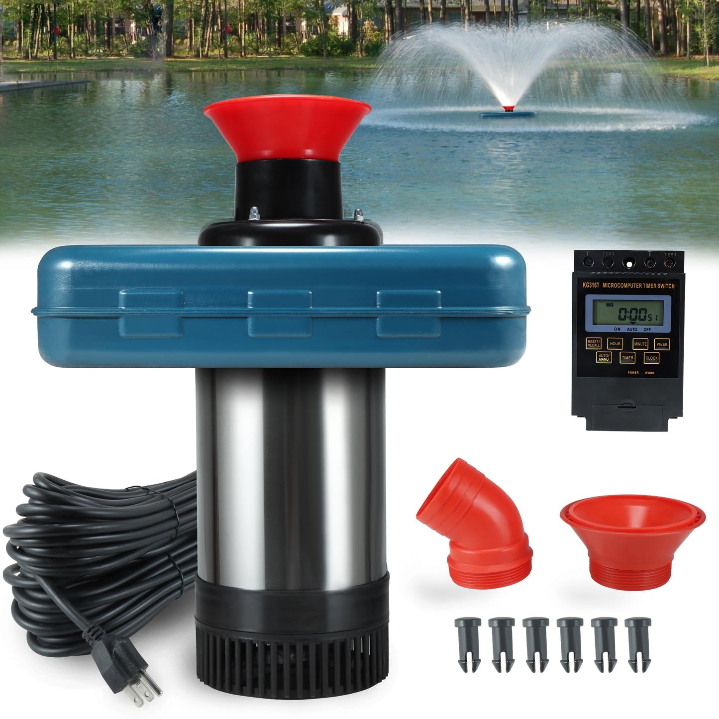 XXK Pond Fountain Aerator, AS2 1HP 750W 15000GPH 110V High Flow Floating Water Fountain Pump With 100ft Power Cord, Stainless Steel Body Aerating Fountains Cascade for Large Small Pond Lake