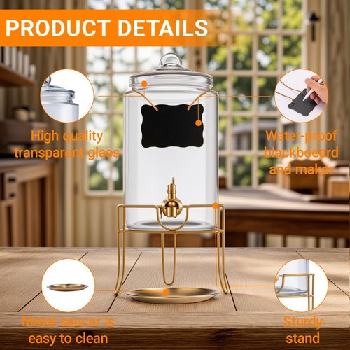 1 Pack1 Gallon Glass Drink Dispensers For Parties.Beverage Dispenser,Glass Drink Dispenser With Stand