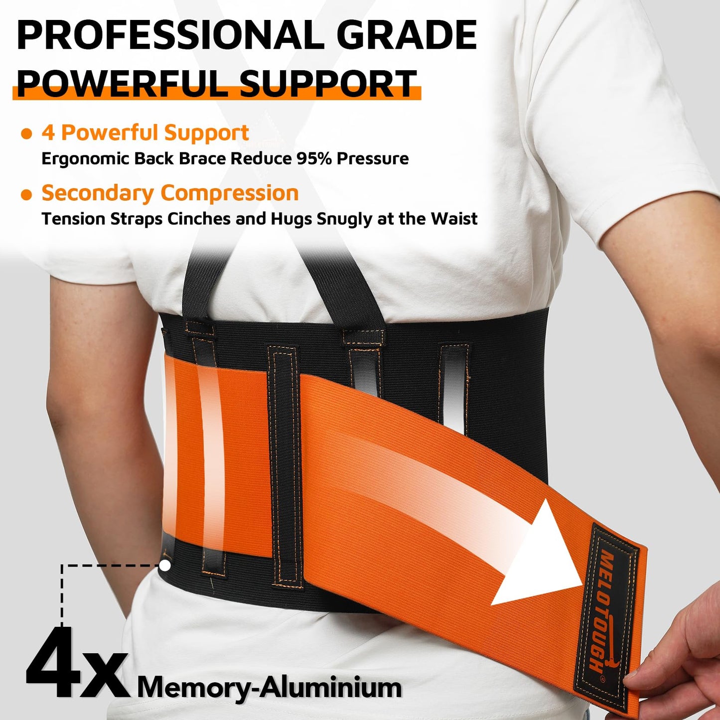 MELOTOUGH Back Brace for Men Lower Back,Back Brace for Work,Back Support Belt with Suspenders,Lower Lumbar Support for Heavy Lifting, Removeable Straps for Construction, Warehouse L/XL,Gifts for Men