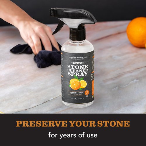 CLARK'S Natural Stone Spray Cleaner, with Microfiber Cloth for Soapstone, Granite, Quartz, Marble, & other Countertop Surfaces – Pure Ingredients to Keep Stone Protected, Citrus Oil Extracts, 12oz