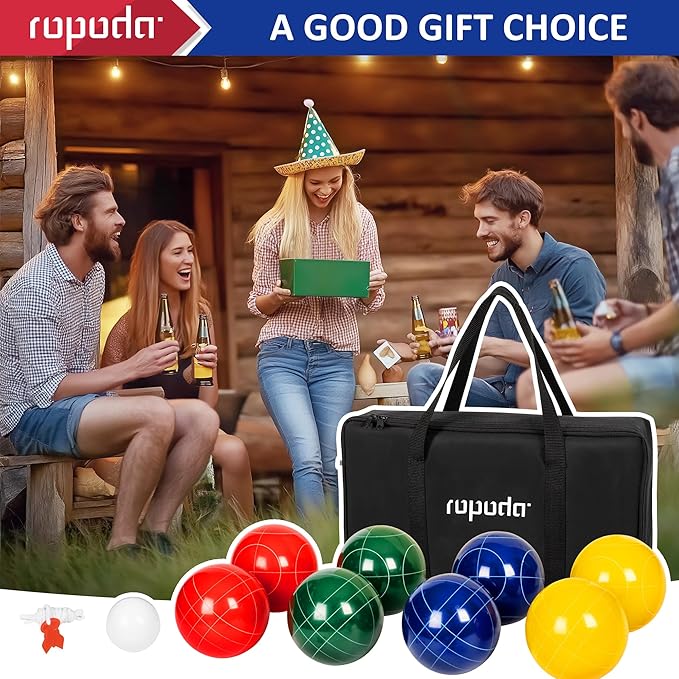ropoda 100mm Bocce Ball Set Regulation Size and Weight with 8 Resin Bocce Balls, 50 mm Pallino, Carrying Bag, Measuring Rope, Backyard/Lawn/Beach/Outdoor, Bocci Games (Multi Colors, 2-8 Players)