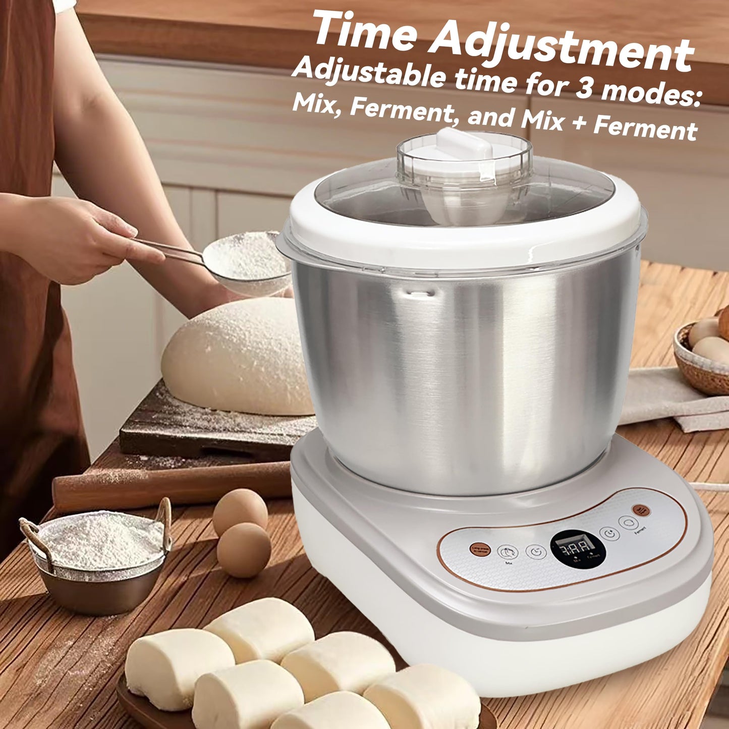 Dough Mixer with Fermentation Function, 5.3Qt Large Capacity Dough Maker for Bread, Pizza & Sourdough, Electric Dough Kneading Machine with Stainless Steel Bowl and Touch Control Panel