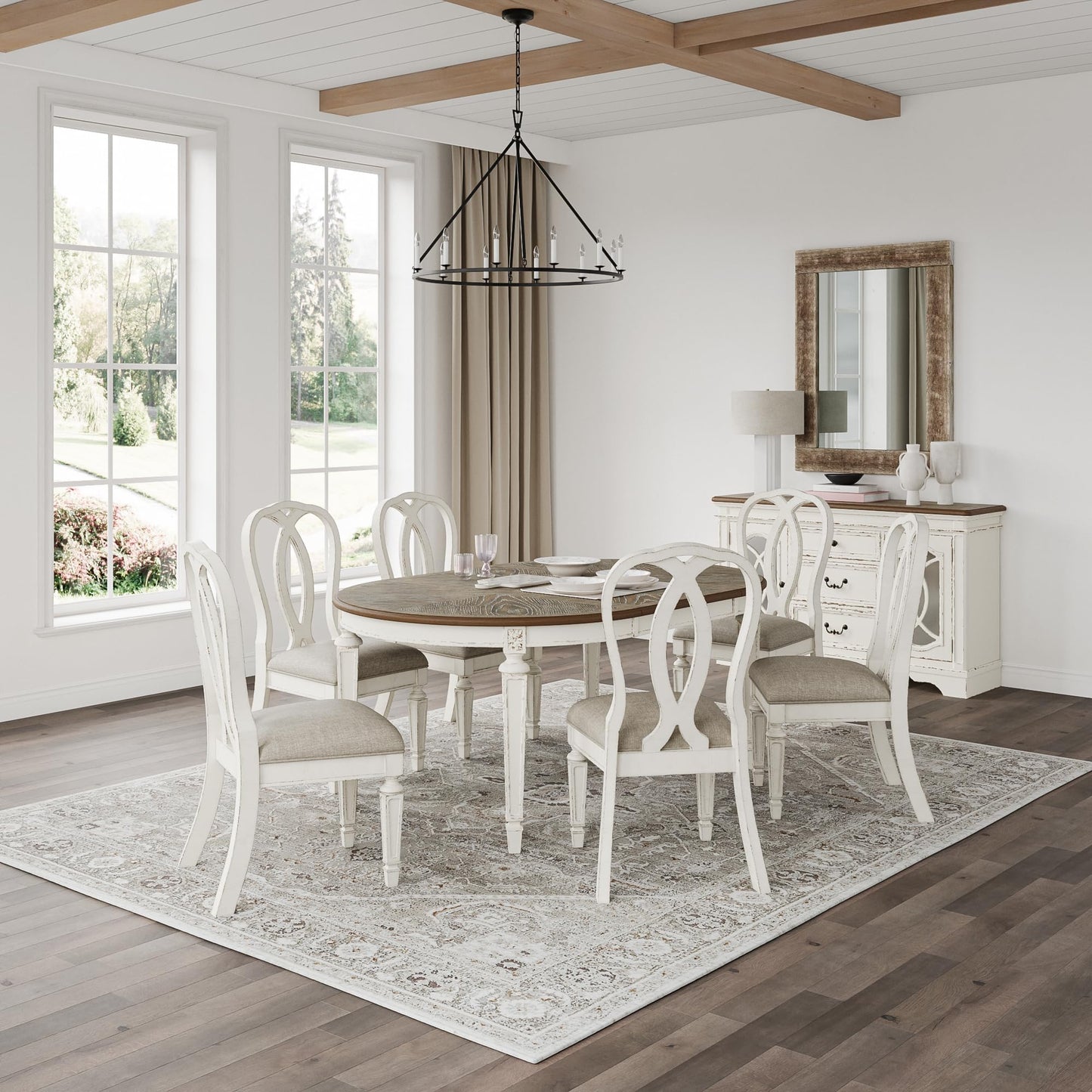 Signature Design by Ashley Realyn French Country Distressed Dining Room Server, 3 Drawers, 2 Cabinet Doors, Wood, 59" W x 17" D x 36.5" H, Chipped White