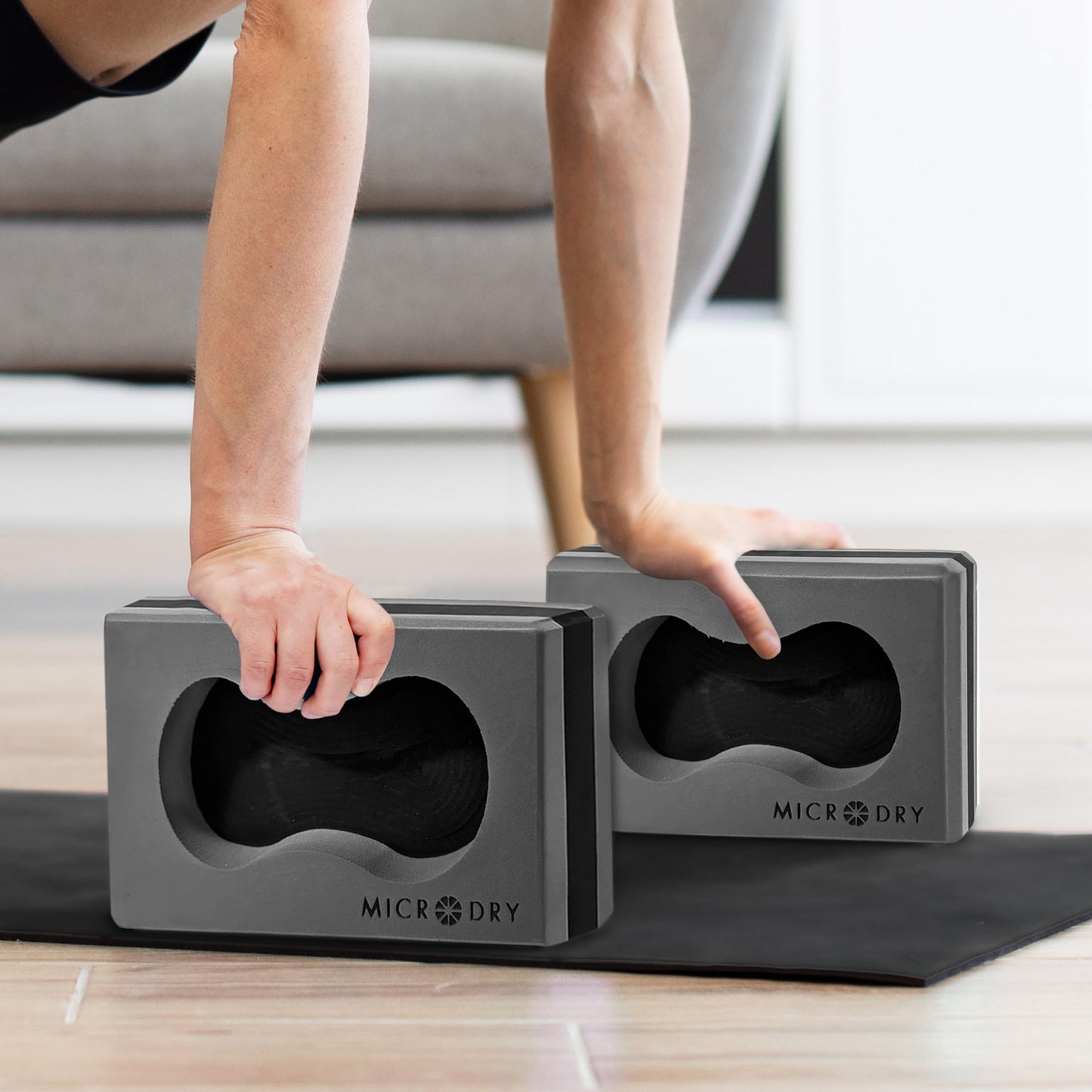 Microdry Sure-Grip Yoga Blocks, Set of 2 – Non-Slip Foam Blocks with Ergonomic Grip Cutout for Stability, Wrist Support, Flexibility & Balance Grey/Black