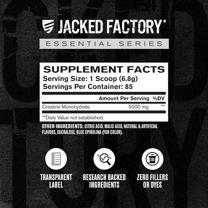 Jacked Factory Creatine Monohydrate Powder 425g - 5g Daily Creatine Supplement for Men and Women, Vegan-Friendly, Third-Party Tested - 85 Servings, Blue Raspberry