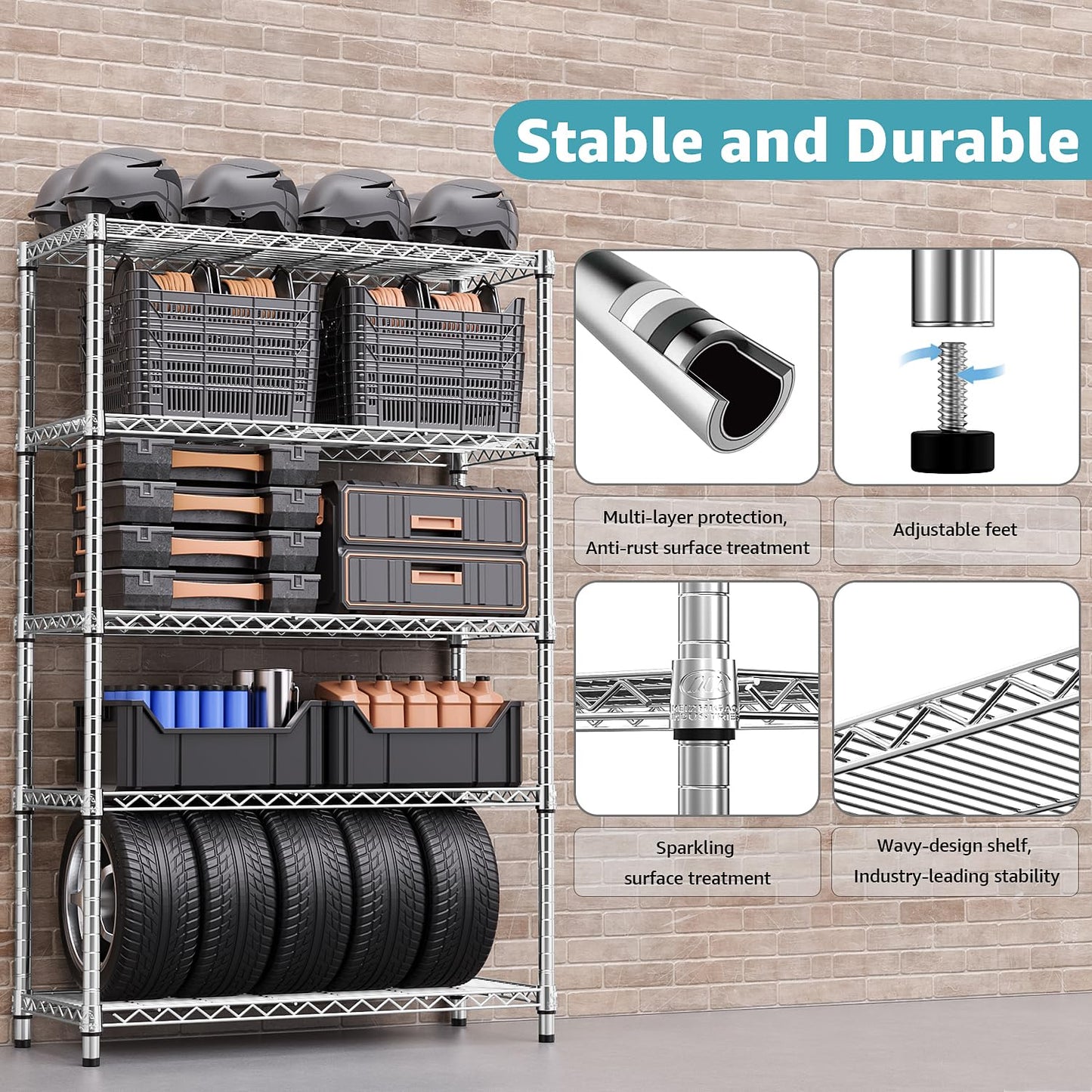 M MZG 1750 LBS Storage Shelves 5-Tier Utility Shelving Unit Steel Organizer Wire Rack for Home,Kitchen,Office,Garage, Capacity 17.7" D x 47.2" W x 72.3" H