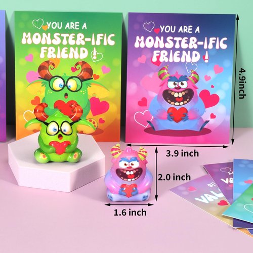 24 Pcs Monster Squishy Toys with Cards for Kids Valentines Day Gifts, Galentines School Gift Exchange, Classroom Prizes, Bag Fillers, Party Favors