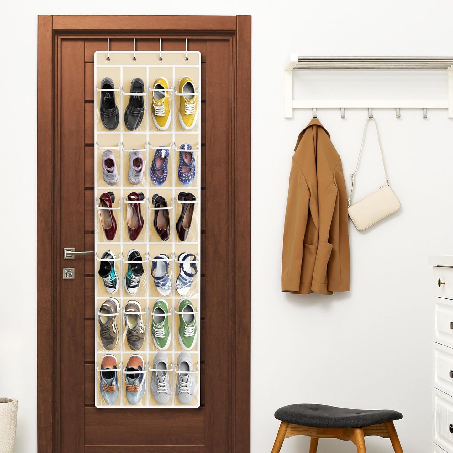 Simple Houseware 24 Pockets - Over The Door Hanging Shoe Organizer | Crystal Clear, Beige (64'' x 19'')