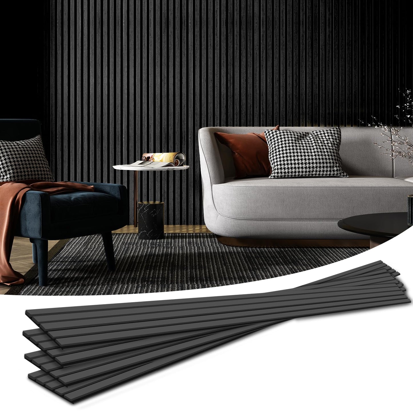 Art3d 4pcs-107 x 8in Slat Acoustic Panel for Wall and Ceiling, 3D Fluted Sound Absorbing Panel with Wood Finish, Black