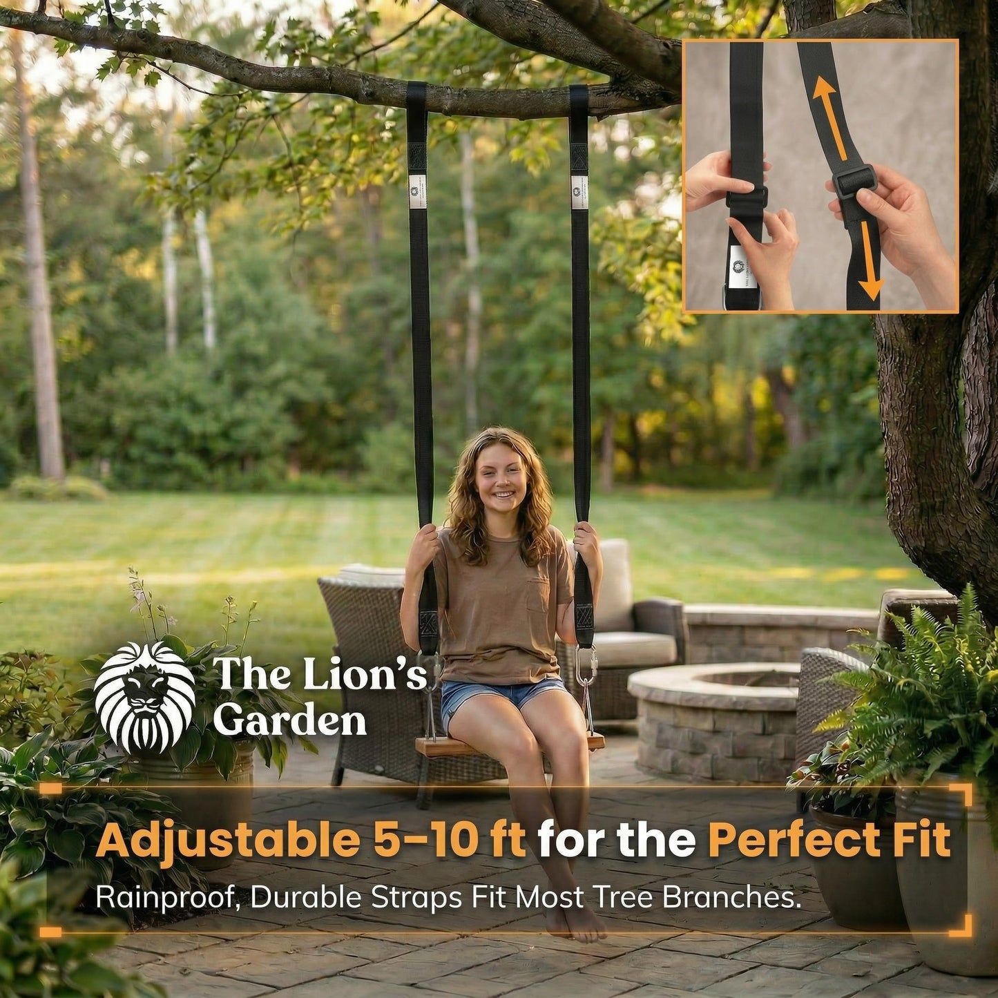 The Lion’s Garden Tree Swing Straps 2 Pack – Adjustable 5–10 ft Tree Swing Hanging Straps, Heavy Duty Hammock Straps for Trees with Carabiners & Tree Protectors Up to 3376 Lbs