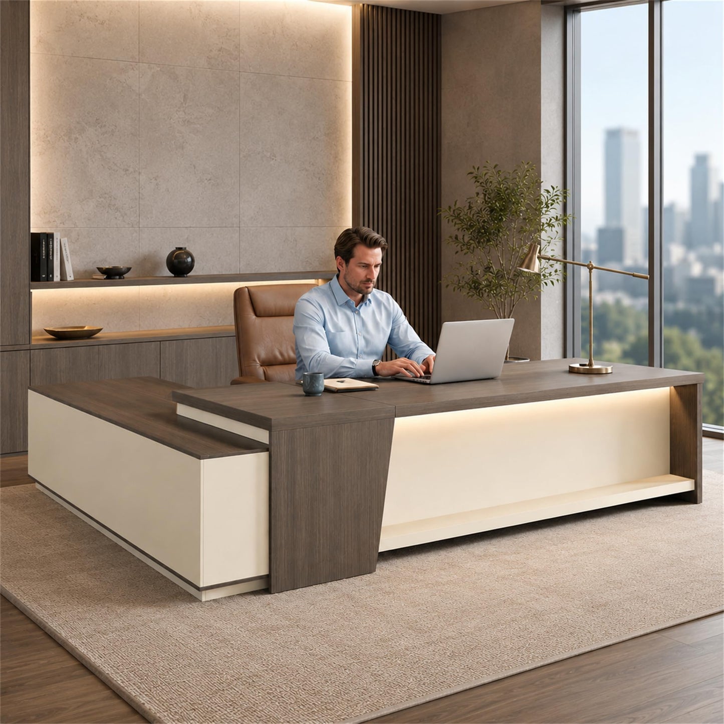 79-Inch L Shaped Executive Desk with Drawers, Large Modern Office Desk with Storage Shelves, LED Lighting, Built-in Power Outlet & USB Ports, Home Office Desk, Smoked Oak & Cream White, Right Return