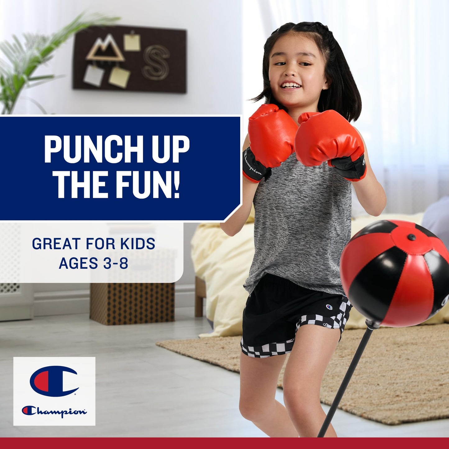 Champion Kids Punching Bag Set for Ages 3-10 – Adjustable 30"–43" Stand, Spring-Rebound Boxing Bag, PU Foam Gloves & Fillable Base – Indoor & Outdoor Youth Boxing Set