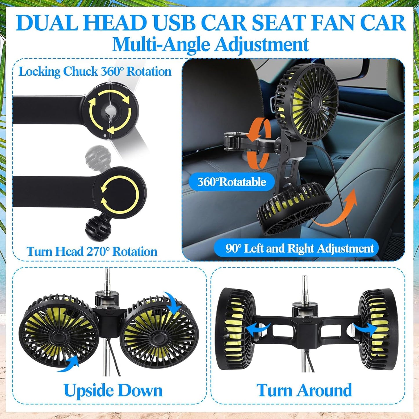 Tujoe 2 12v 360 Pcs Dual Car Seat Fans for Portable USB Backseat Cooling Headrest Degree Rotatable Fan Powerful