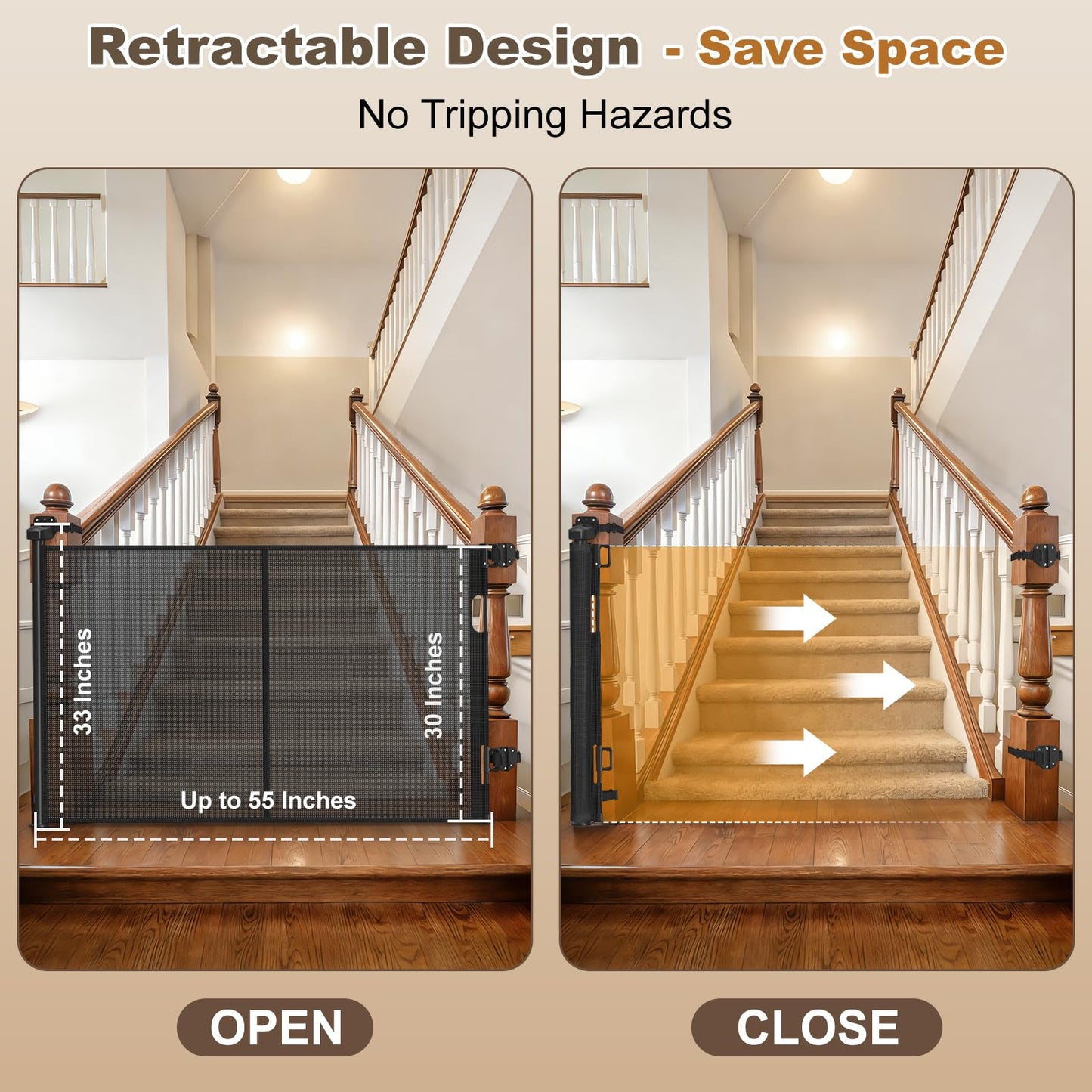 Upgraded Retractable Baby Gates for Stairs & Banister, Mesh Dog Gate Indoor, Extends to 55" Wide 33" Tall, Child Safety Gate for Stairway, Banister & Wall Mount (Black)