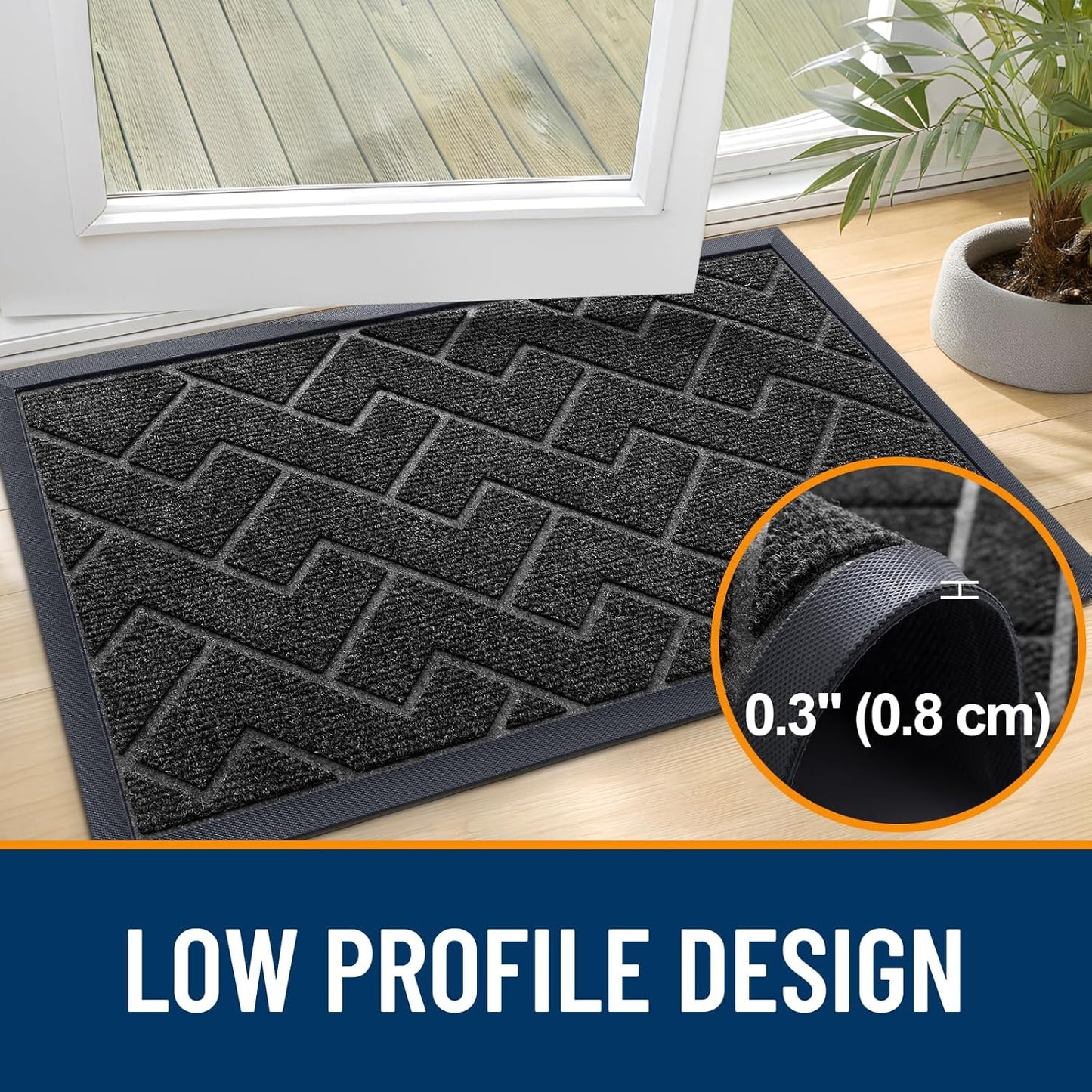 OLANLY Waterproof Front Door Mat - All-Season Indoor Outdoor Doormat, Sturdy Natural Rubber, Herringbone Brick (Black, 47x23)