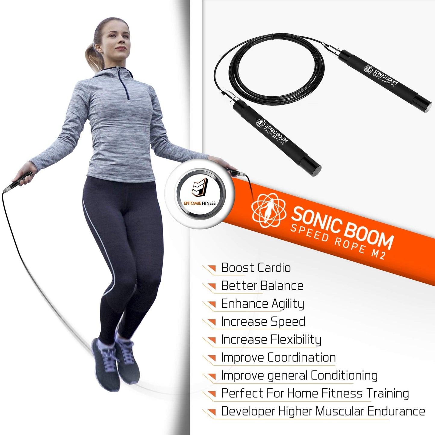 Sonic Boom M2 High Speed Jump Rope - Patent Pending Self-Locking, Screw-Free Design – Weighted, 360 Degree Spin, Silicone Grip with 2 Speed Rope Cables for Home Workout, & More