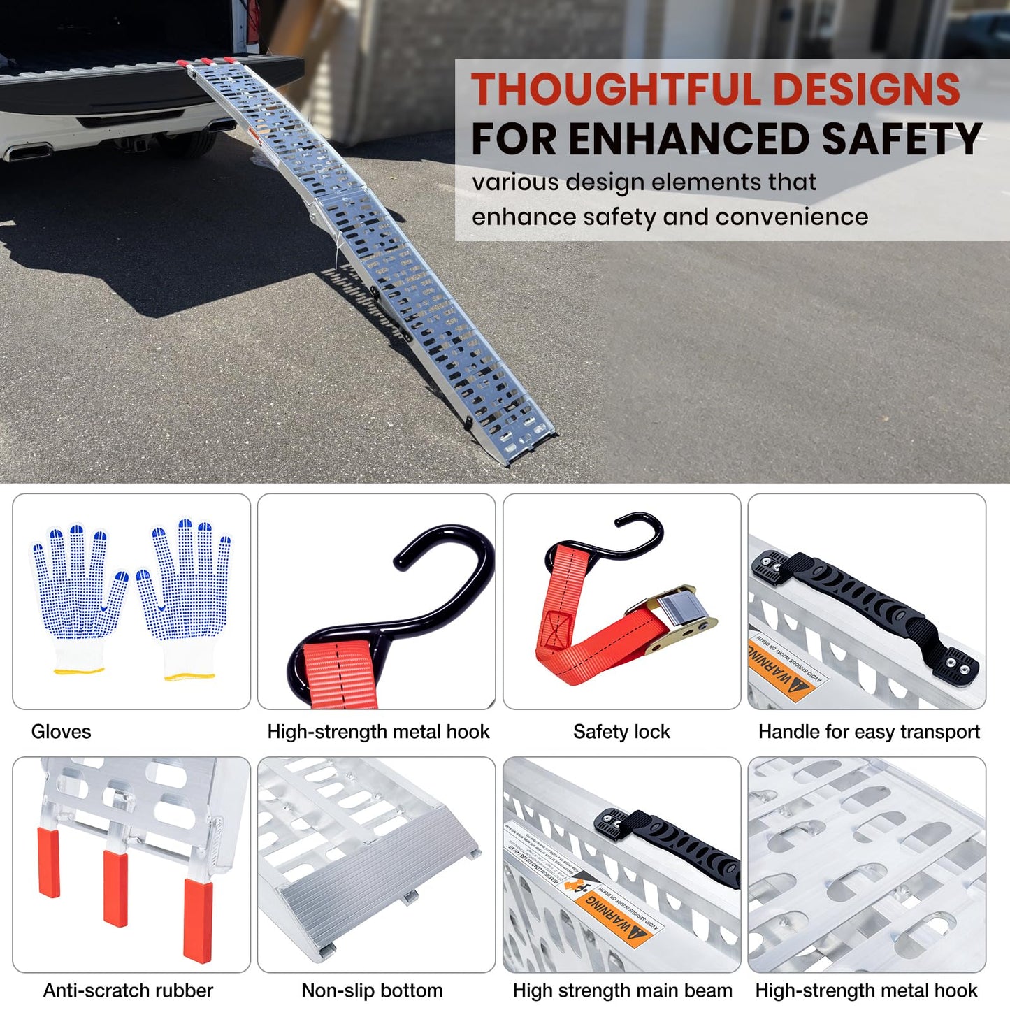 WheelX 920lb Capacity Aluminum Folding Loading Ramps for Car, Truck & Trailer Bed - with Load Straps for Wheelbarrow, Mountain Bikes, Electric Bikes, Motocross, Scooters