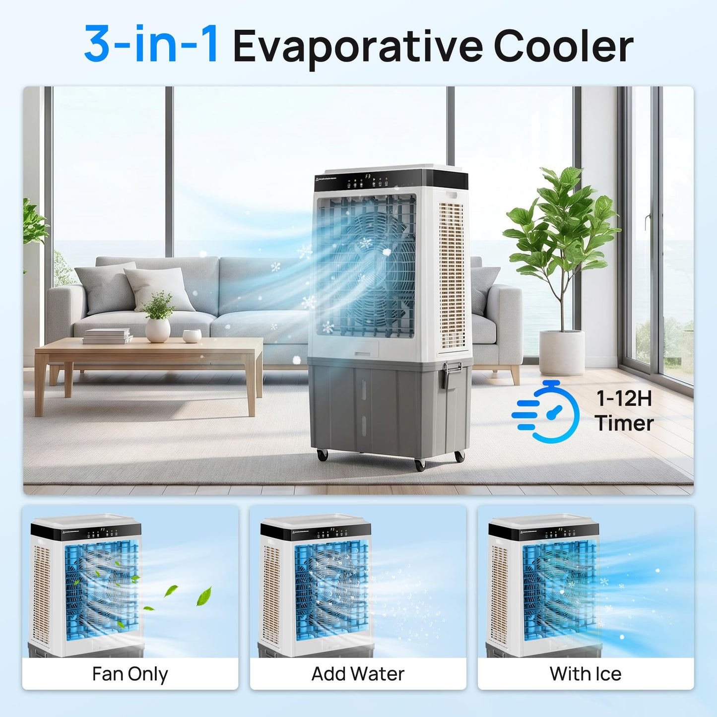 Swamp Cooler, 45" 5100 CFM Evaporative Cooler, 16.5Gal Detachable Water Tank, 4 Ice Packs, 120°Oscillation, 12H Timer, 3-in-1 Evaporative Air Cooler for Outdoor, Patio, Garage, Shop, Industry, ETL