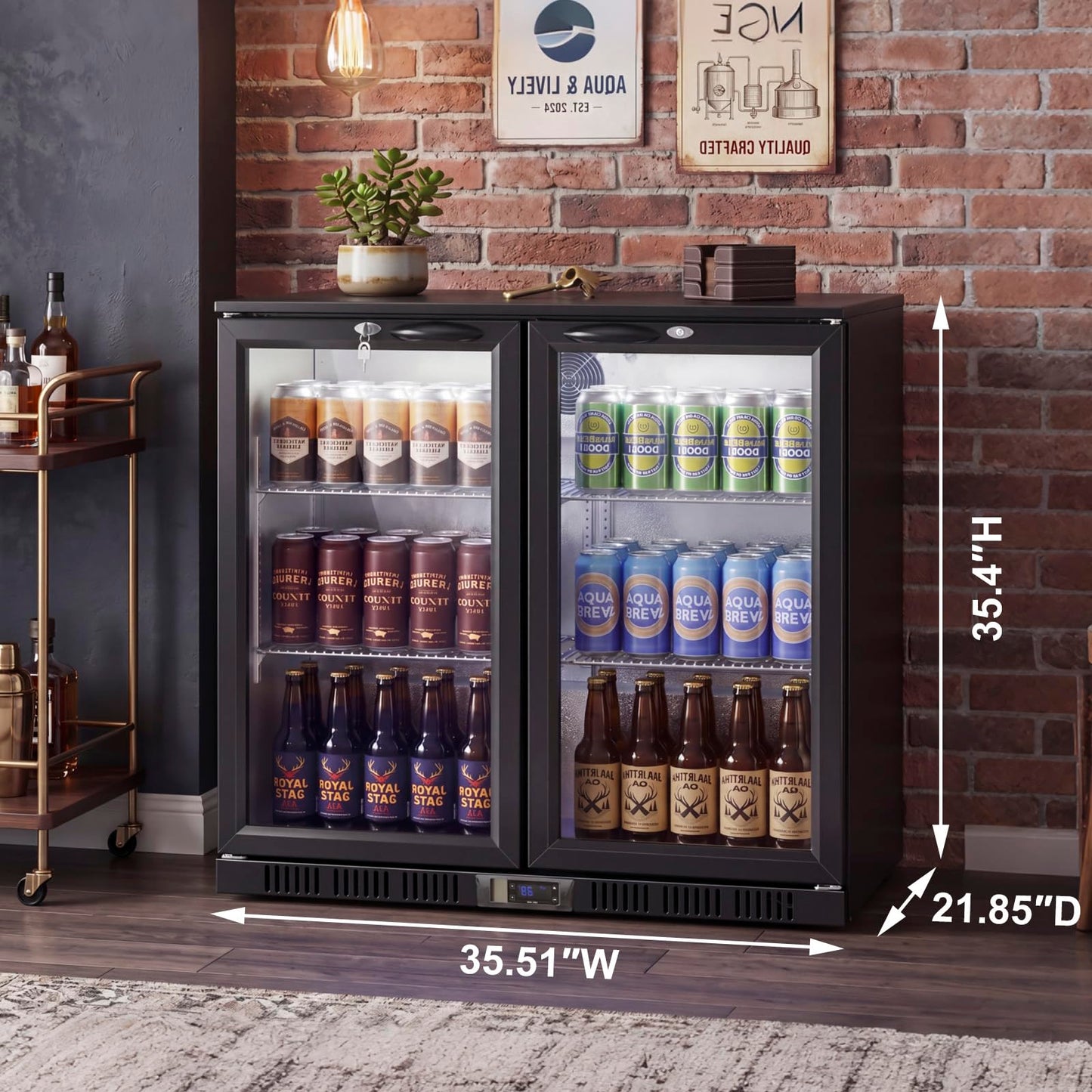 35.42" W Commercial Under Counter Beverage Refrigerator, 2 Glass Door Back Bar Cooler, Built-in/Freestanding 7.4Cuft Drink Fridge with LED Light, Auto Defrost, Low-E Glass & Safety Lock, Rebound door