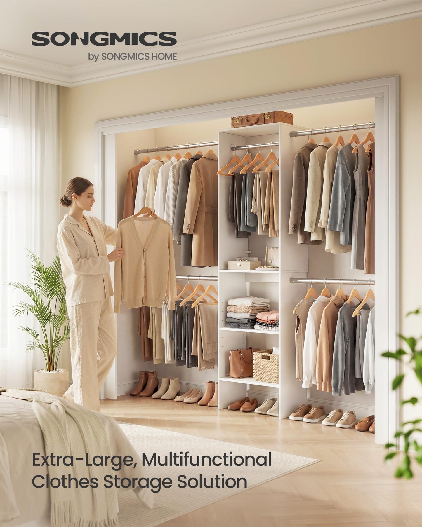 SONGMICS Closet System, Customizable Walk-In Closet Organizer System with Adjustable Hanging Rods and Storage Shelves, White, Fits Spaces 4-9.6 ft URGR040WZ01S
