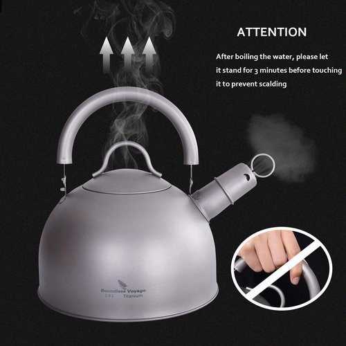 iBasingo 2 L Titanium Whistling Tea Kettle for Gas Stove Ultralight Water Jug Outdoor Big Capacity Teapot Water Bottle with Folding Handle and Warning Buzzer for Camping Home Kitchen Ti3097D