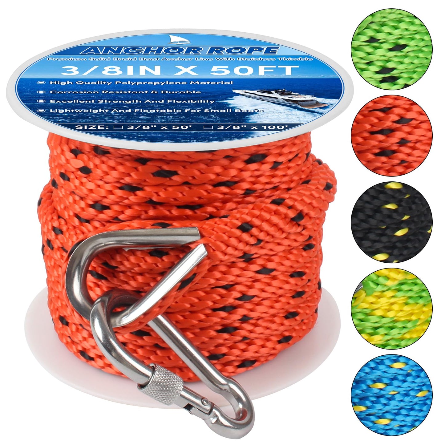 BALAVA Anchor Rope 50FT x 3/8in,Premium Solid MFP Braided Anchor Rope Anchor Line,Boat Anchor Rope with Stainless Steel Thimble & Snap Hook,Boat Rore Marine Rope for Anchors and Boats (Orange/Black)