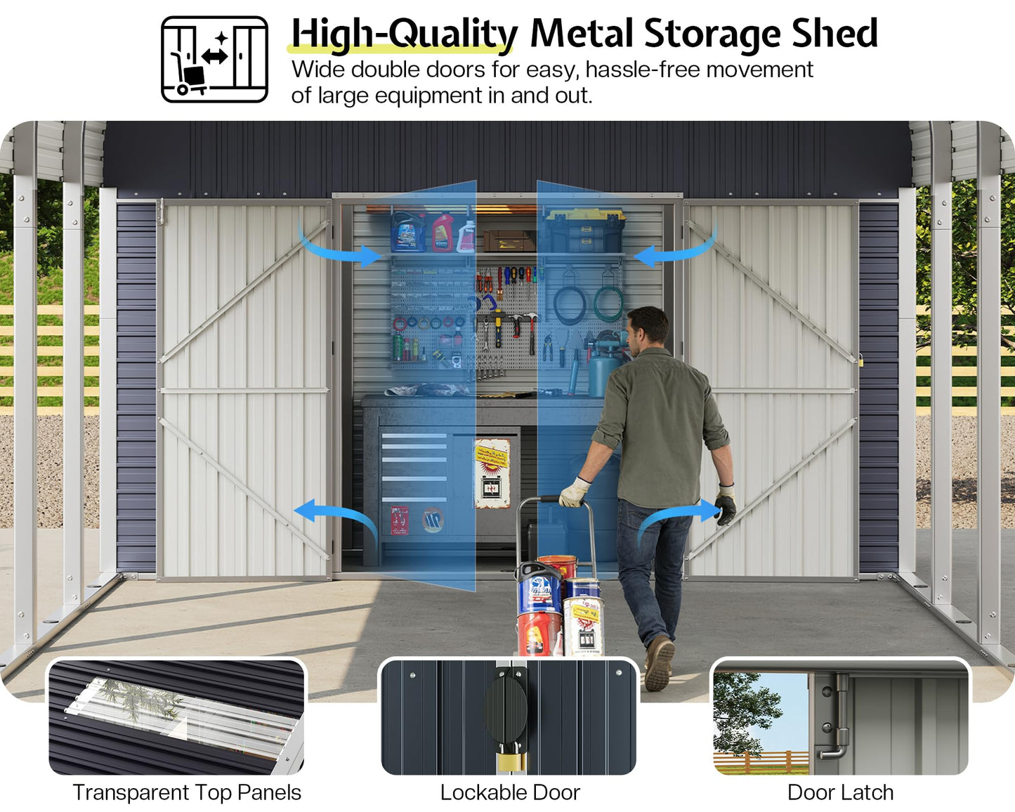 Jocisland 12x24 FT 2-in-1 Carport & Storage Shed, Heavy Duty Carport with Galvanized Steel Roof, 12x4.2 FT Metal Shed with 2 Transparent Panels & Double Doors, Car Canopy for Cars, Boats, Trucks