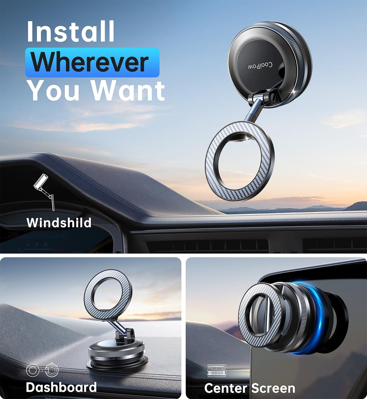 Coolpow【Newest Vacuum Magnetic Phone Holder for Car Phone Holder Mount【Movable Vacuum Suction】Magsafe Car Mount Cell Phone Holders for Your Car Accessories for Women Men for iPhone 17 16(Carbon Fiber)