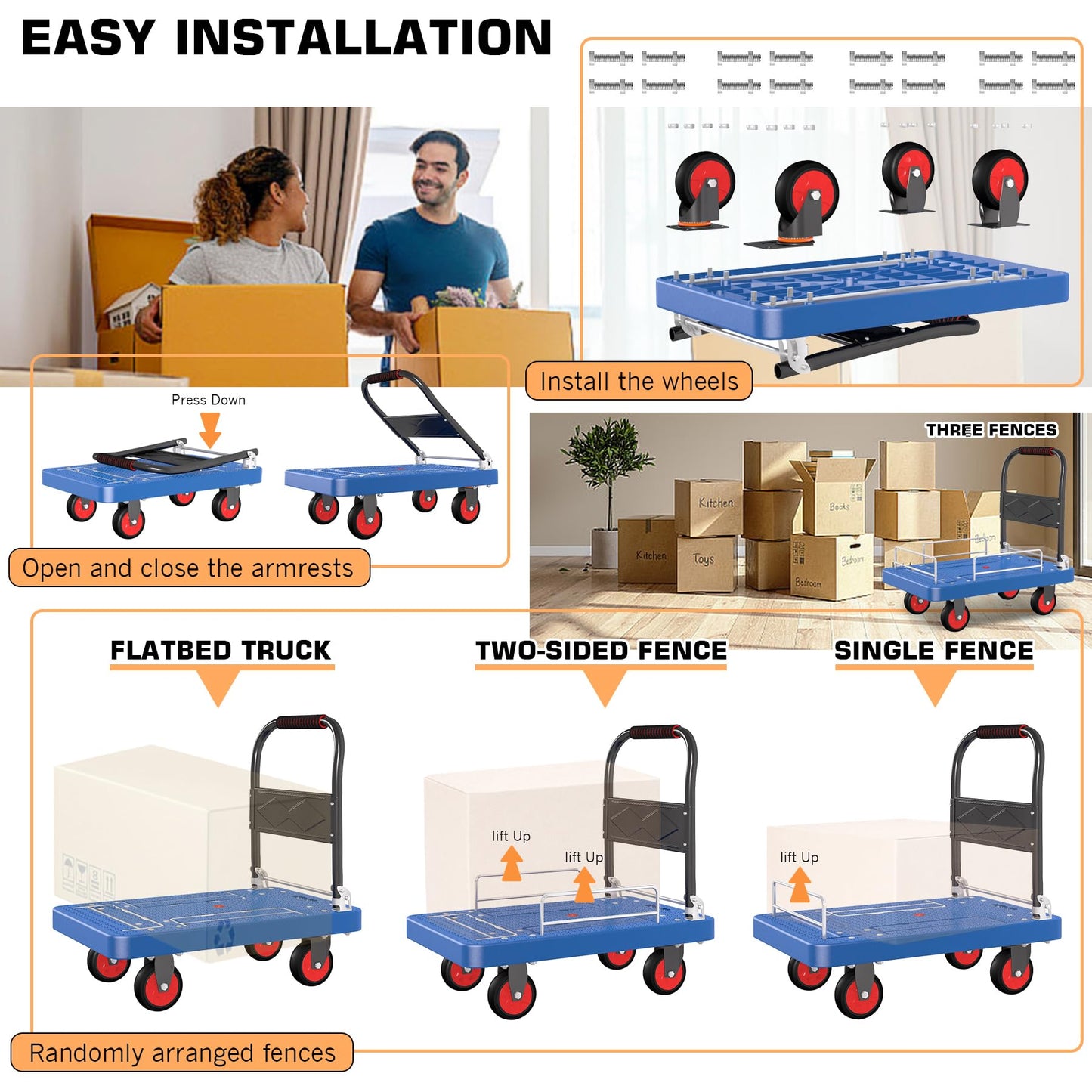Platform Truck Cart with 3 Fence, 28"x19" Flatbed, 1100lbs Capacity Heavy-Duty Foldable Push Dolly Cart with Swivel Wheels, Foldable & Portable for Groceries, Garage,Home,Office Use, Blue