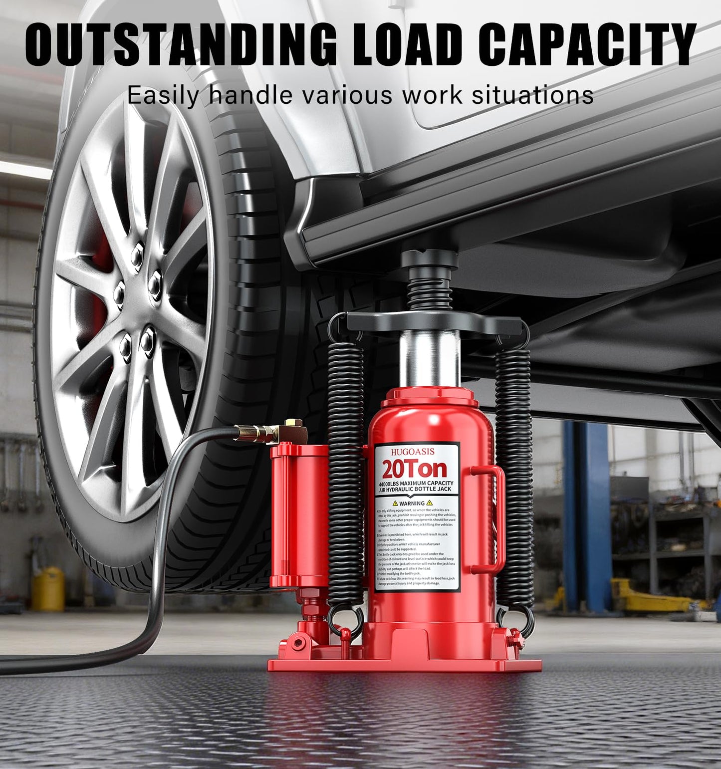HUGOASIS 20 Ton Air Hydraulic Bottle Jack, 10-3/8" to 20-1/16" Lift Range, Manual and Air Pump Dual Operation, for Car, Auto Repair, Truck, Industrial Engineering