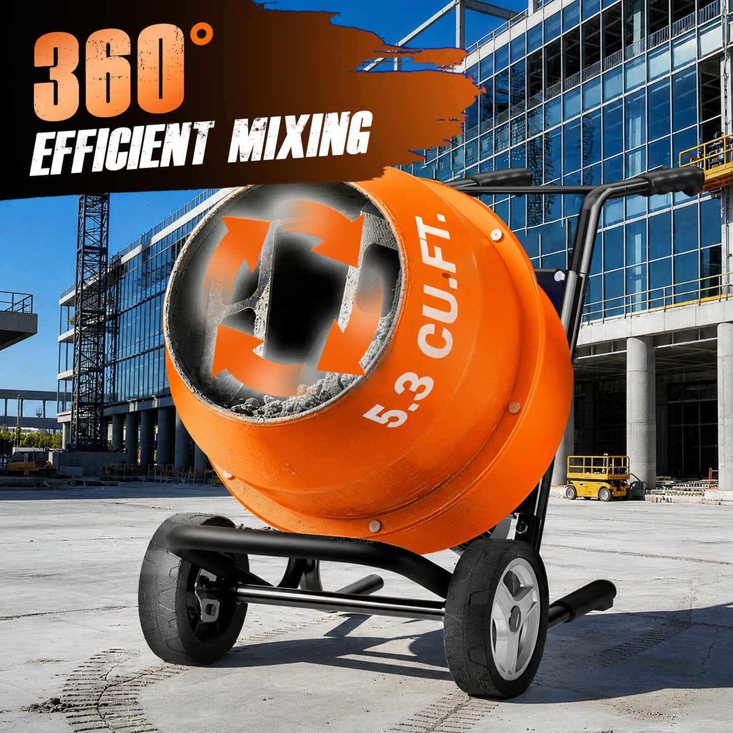 SILVEL 5.3 Cu.Ft. Cart-Mounted Concrete Mixer with Stand– 750W 1HP Electric Cement Mixer, Heavy Duty Mixing Machine for Mortar, Stucco & Grout, Orange