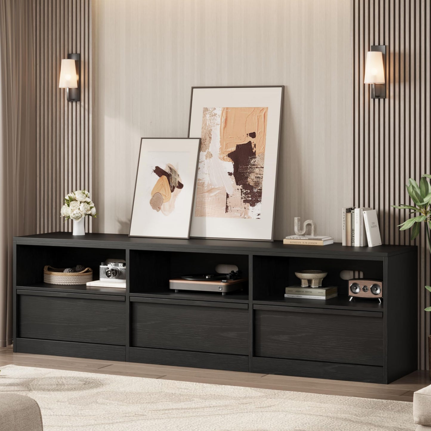 IDEALHOUSE 70" TV Stand for 75 80 Inch TV, Mid-Century Modern Entertainment Center with Storage Drawer & Open Shelves, Wood Media Console Table for Living Room & Bedroom, Black