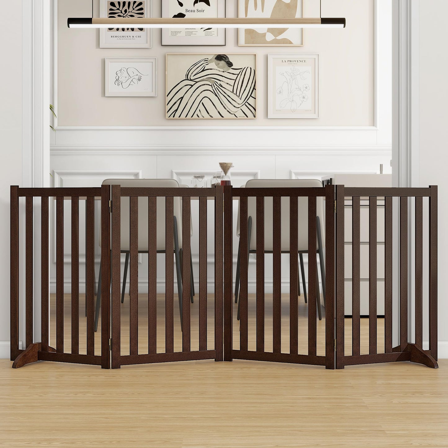 30" Height Tall Freestanding Pet Gate, Solid Wood Folding Safety Fence Wooden Dog Gate with 2 PCs Support Feet Ideal for Stairs, Doorways, Halls, Kitchens, Heavy Duty Gates, 4 Panels, Walnut