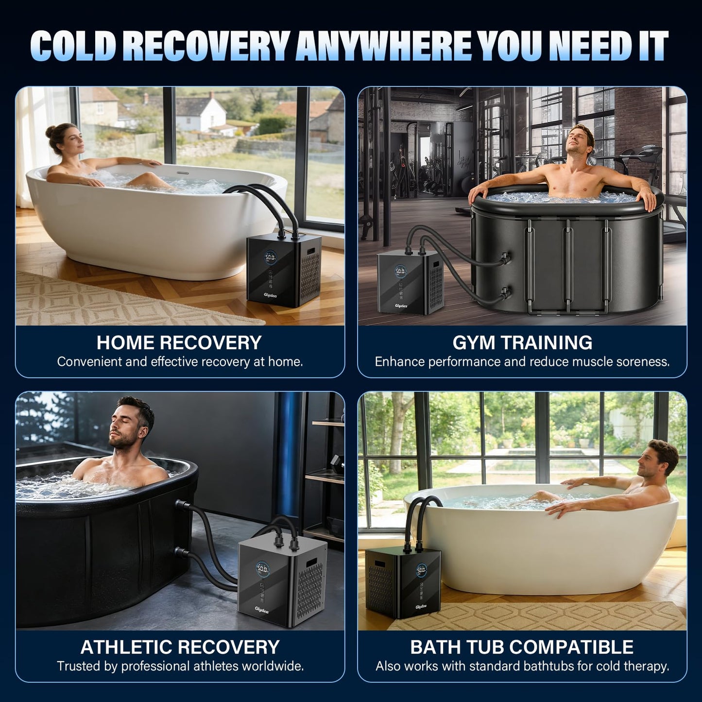 Ice Bath Chiller for Cold Plunge Tubs, 1/3HP 330W Glydea Cold Plunge Water Chiller with Built-in Ozone Function, 24/7 Water Flow, Dual Filtration, Upgraded Hose and Pump, Large LED Color Display