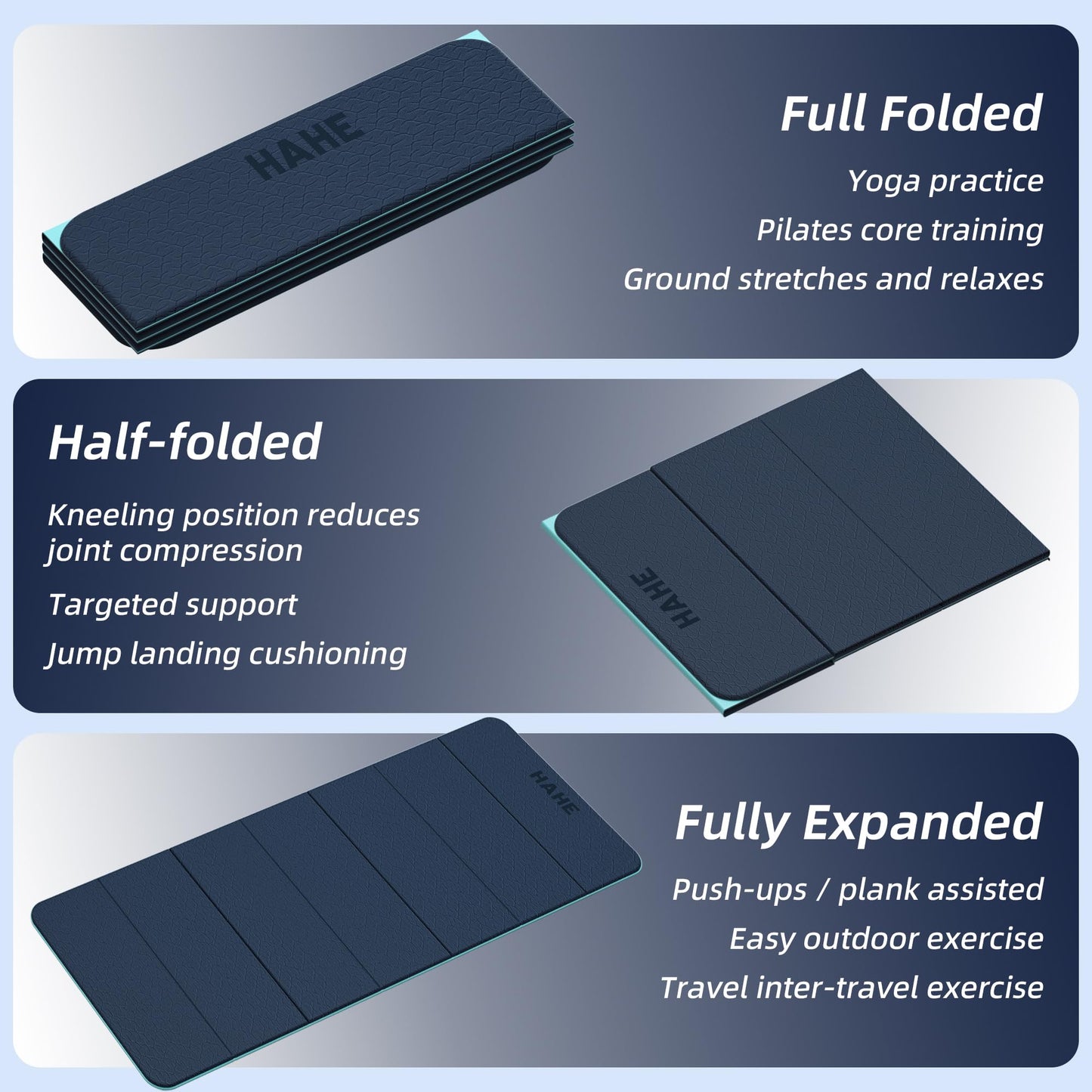 HAHE Foldable Yoga Exercise Mat, 74"Lx32"Wx1/3"Thick, TPE Multi-purpose Workout Mats with Non-slip Surface, Portable for Yoga/Pilates/Studio/Home Gym (Navy Blue+Green)