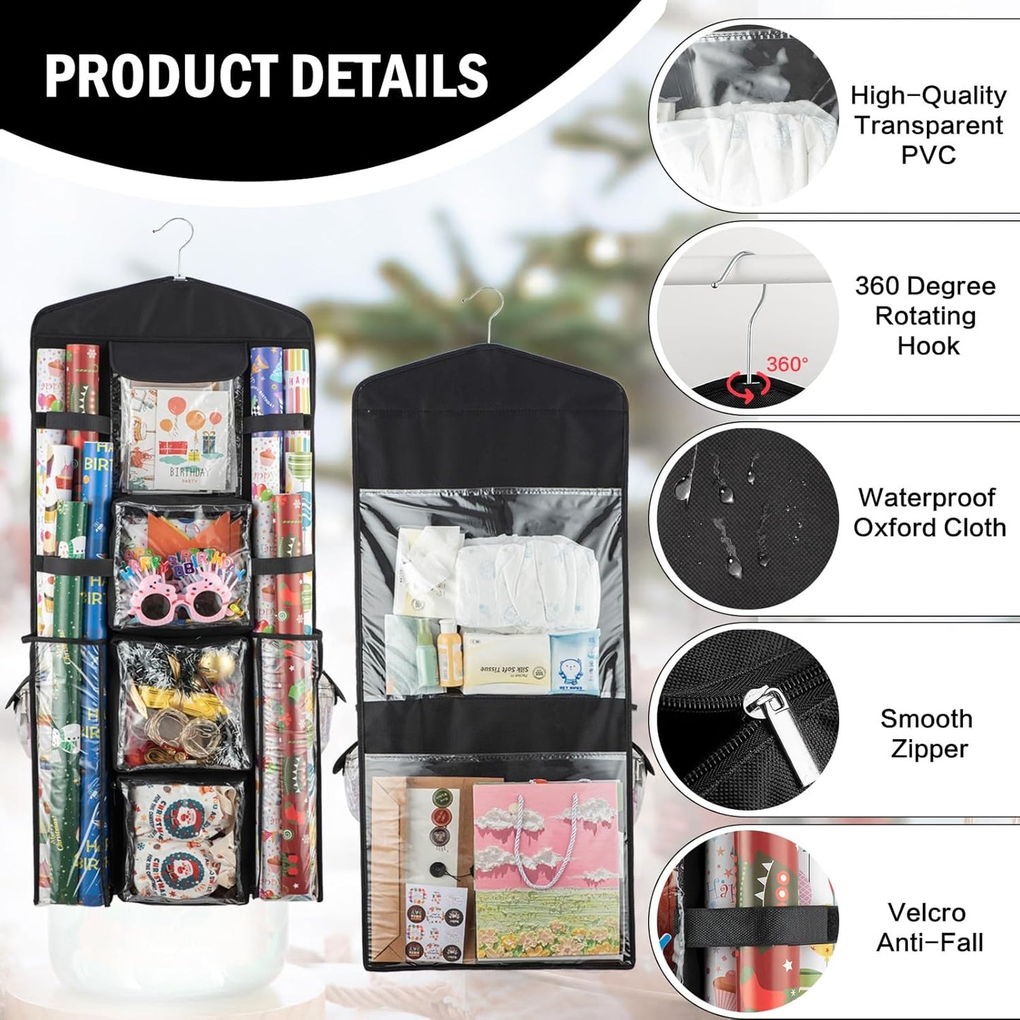Regine Switzerland Christmas Wrapping Paper Organizer - Double-Sided Gift Bag Storage, Black