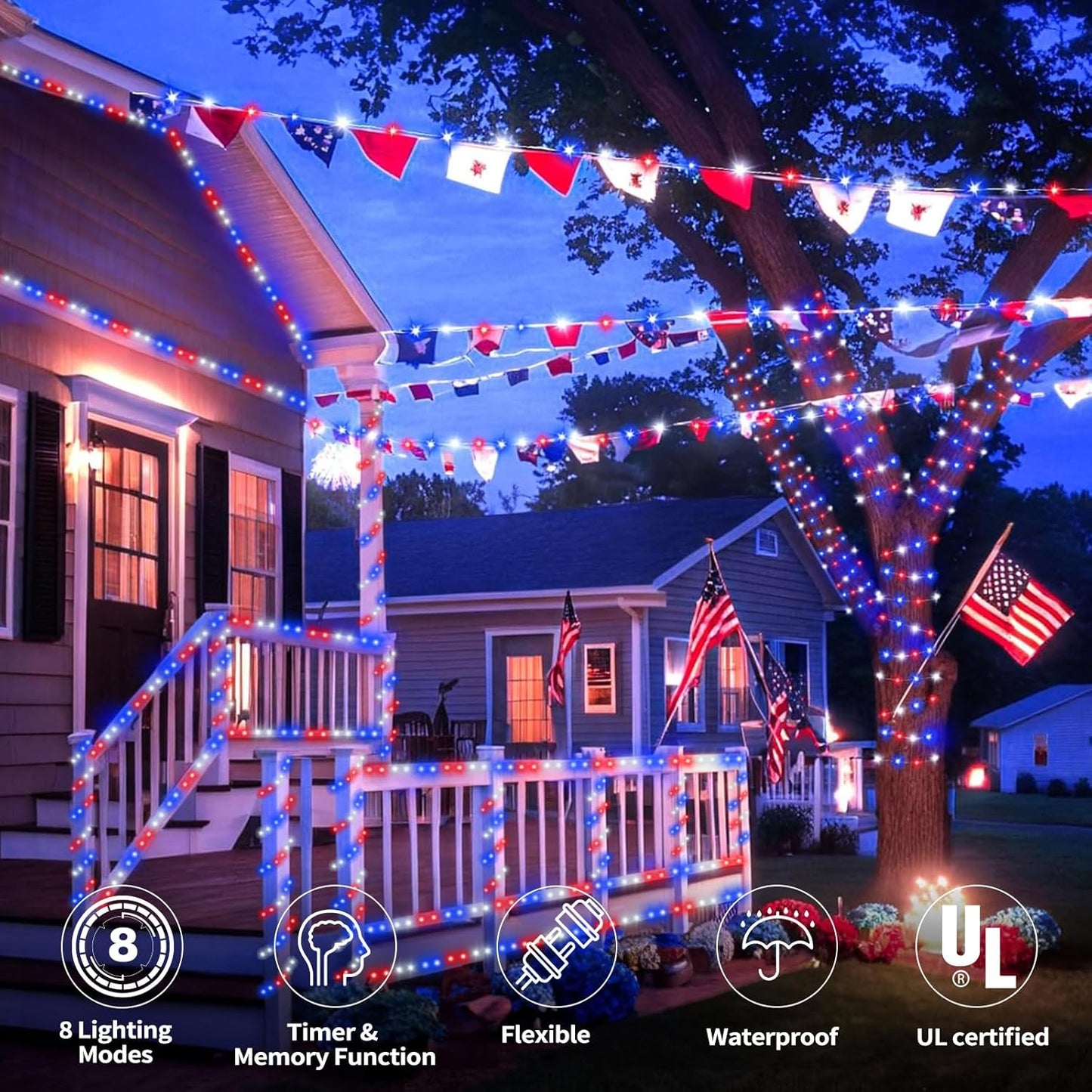 Skiennix 200ft LED Rope Lights - Waterproof Flexible Tube Lighting with 8 Modes | Red, White & Blue Decor