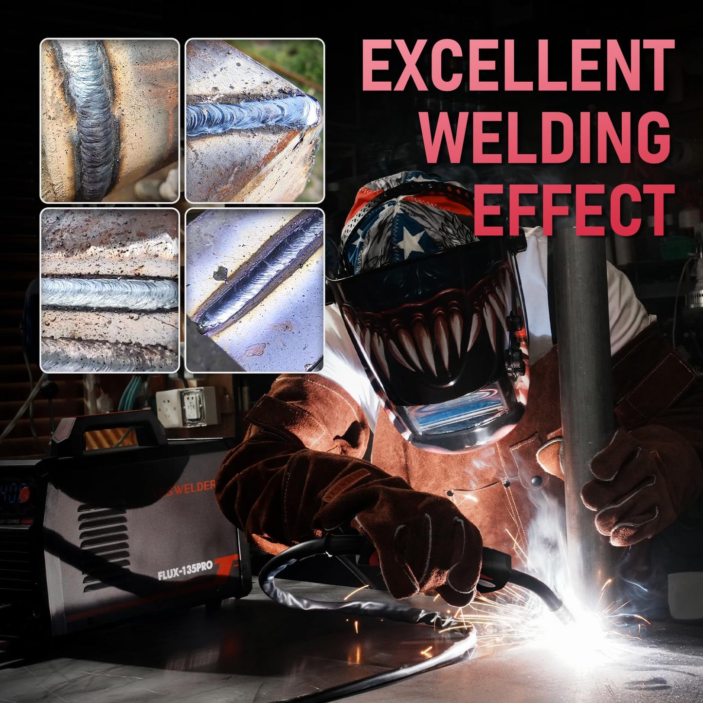 YESWELDER 135Amp Flux Core MIG Welder FLUX-135PRO,110V Flux Core MIG/Lift TIG/Stick 3-in-1 Digital Display Welding Machine & LYG-L600A Auto Darkening Blue Light Blocking Welding Helmet