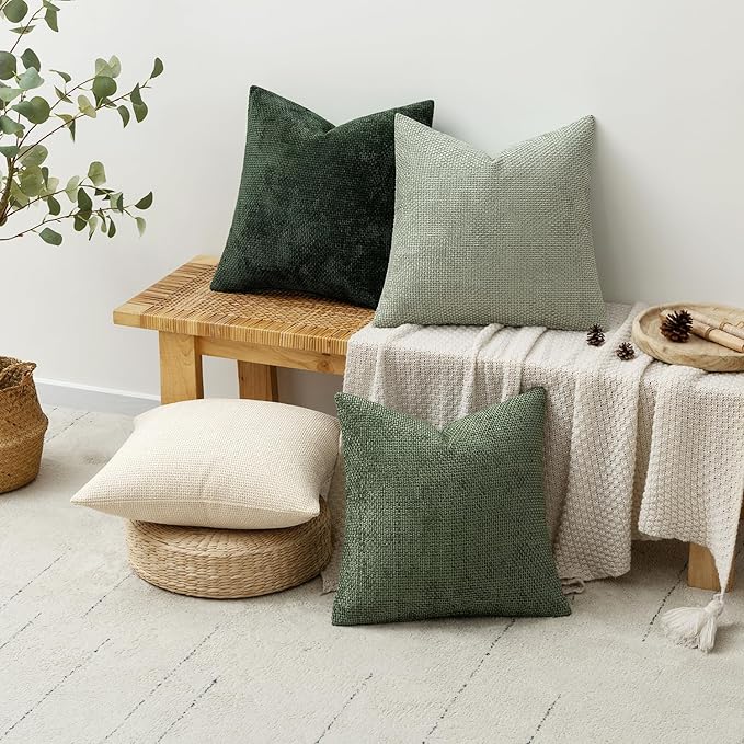 MIULEE Pack of 4 Couch Throw Pillow Covers 22x22 Inch Neutral Green Soft Decorative Chenille Pillow Covers Farmhouse Accent Cushion Covers for Boho Spring Home Decor Sofa Bedroom Living Room